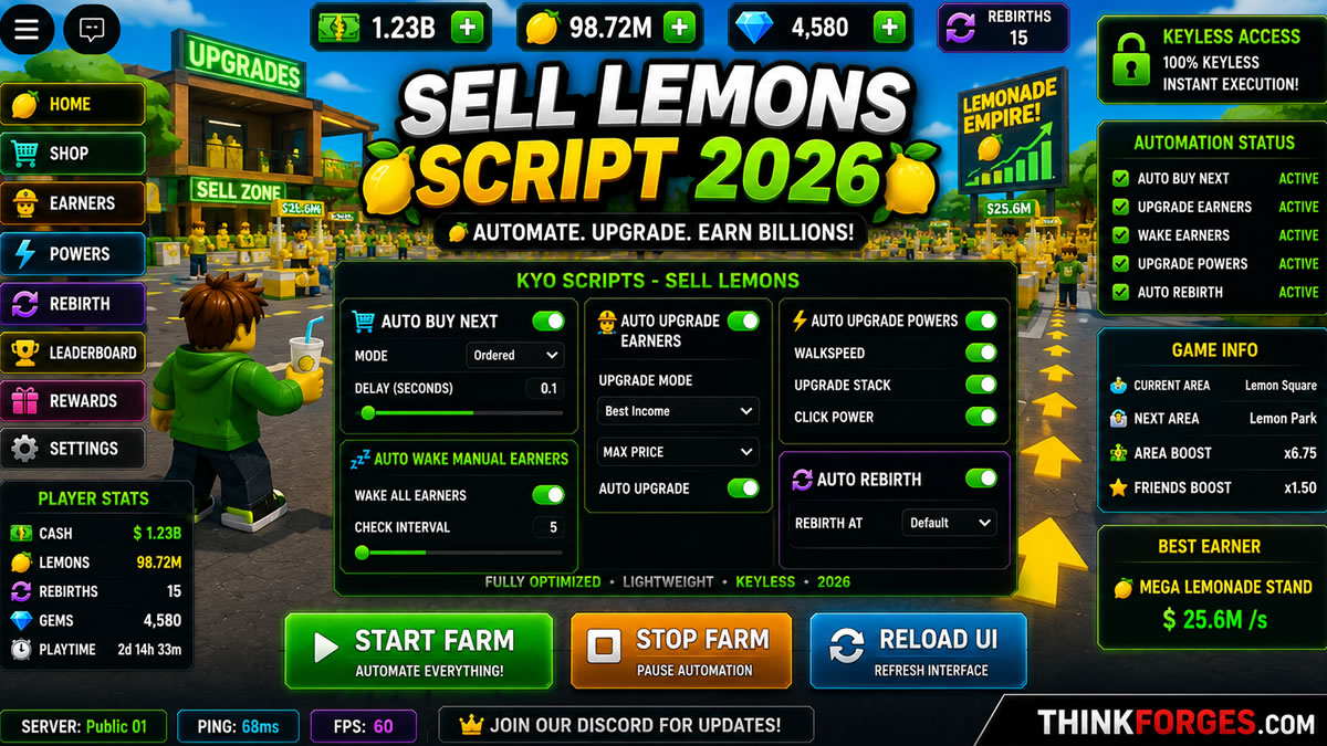Top Sell Lemons Script 2026, Auto Farm, Keyless Upgrade