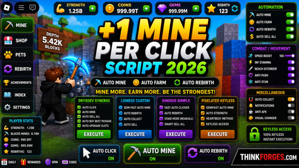 Best +1 Mine Per Click Script 2026, No Key Auto Clicker